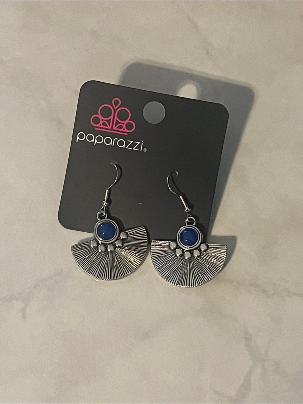 Paparazzi Silver-Tone Fan Earrings with Royal Blue Cabochon